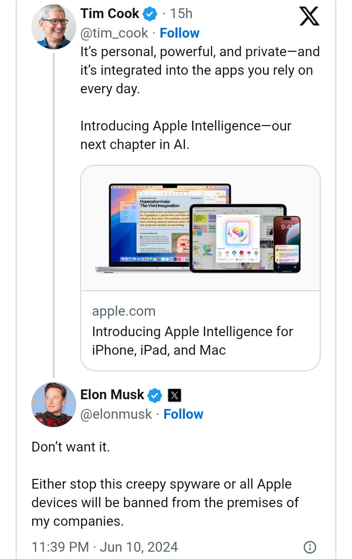 Elon Musk Rants on X About Apple and OpenAI Partnership, Threatens Ban on Apple Devices 2 Screenshot 20240611 1406112