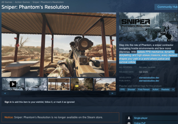 Valve Removes "Sniper: Phantom’s Resolution" Demo from Steam Over Malware Concerns 1 Screenshot 20250322 1947392