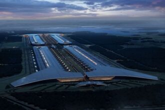 Aerial concept rendering of Tesla and SpaceX's massive Terafab semiconductor factory in Grimes County, Texas