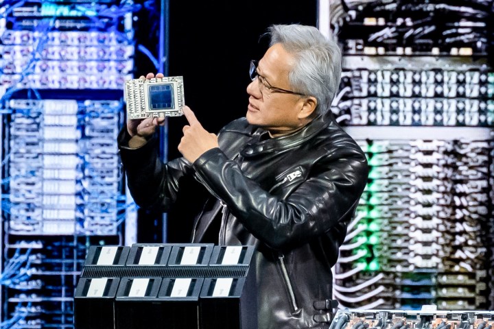 Nvidia CEO Jensen Huang speaking at a technology conference.